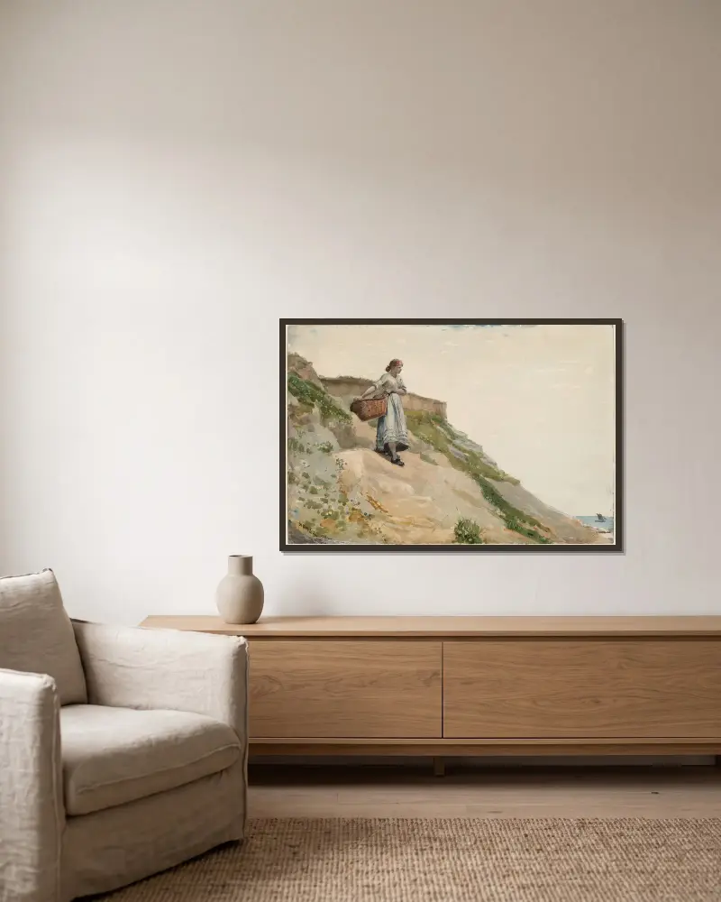 Flicka med korg av Winslow Homer inramad på en vägg