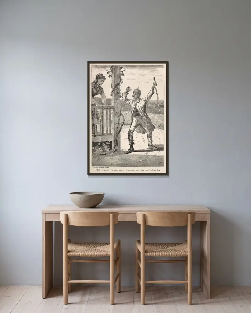Hej! H-Å-Å-Å! Han har kommit. Jumboloro berättar först. av Winslow Homer inramad på en vägg
