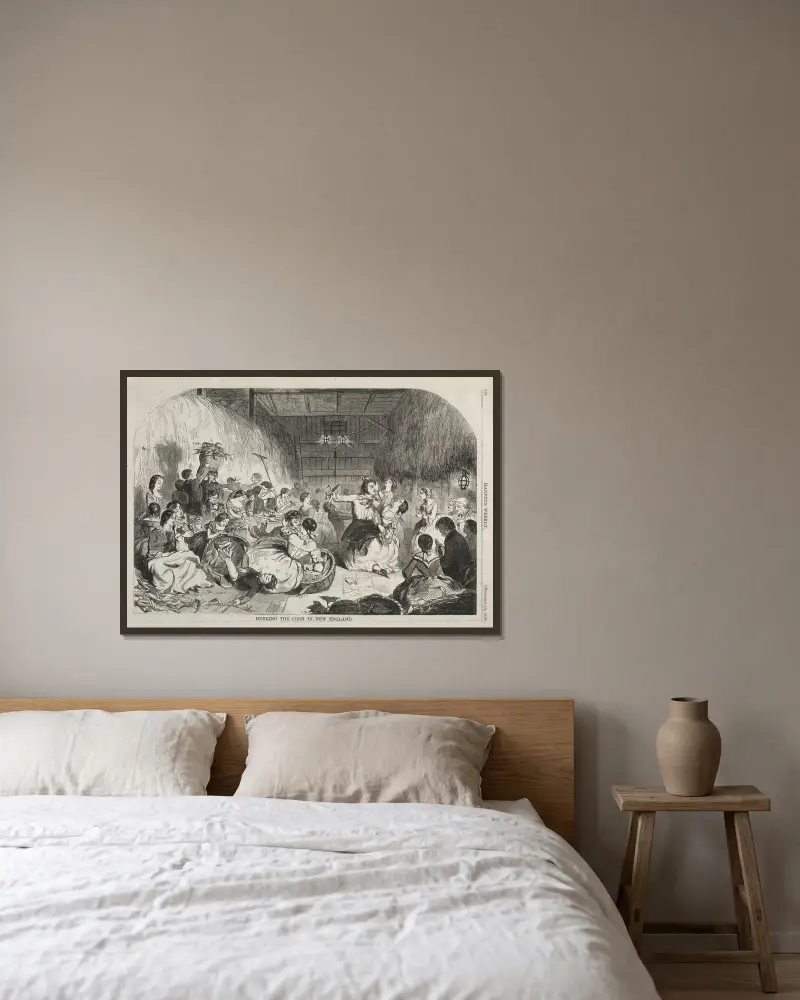 Majsskörd i New England av Winslow Homer inramad på en vägg