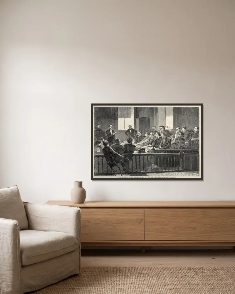 Geschworene hören den Anwalt, Oberster Gerichtshof, New City Hall, New York von Winslow Homer gerahmt an einer Wand