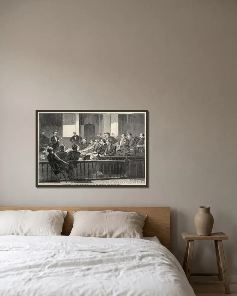 Geschworene hören den Anwalt, Oberster Gerichtshof, New City Hall, New York von Winslow Homer gerahmt an einer Wand