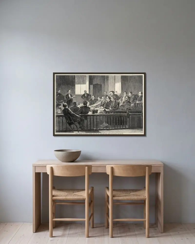 Geschworene hören den Anwalt, Oberster Gerichtshof, New City Hall, New York von Winslow Homer gerahmt an einer Wand