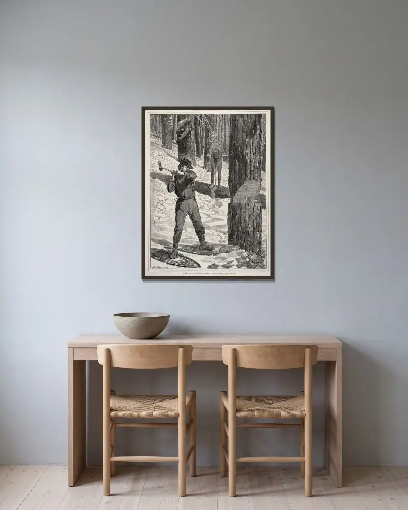 Holzfällen im Winter von Winslow Homer gerahmt an einer Wand