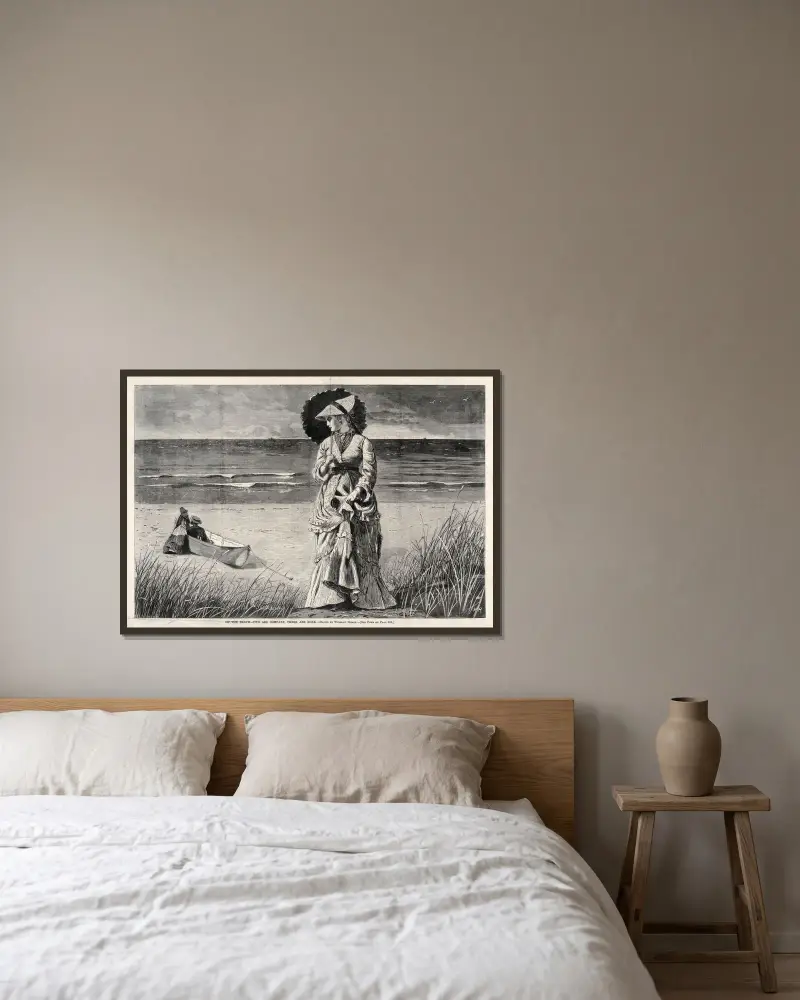 På stranden – två är sällskap, tre är ingen av Winslow Homer inramad på en vägg