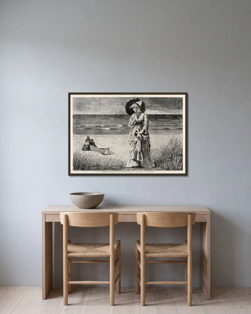 På stranden – två är sällskap, tre är ingen av Winslow Homer inramad på en vägg