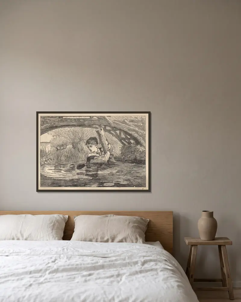 "Orrin, skynda dig, jag går under" av Winslow Homer inramad på en vägg