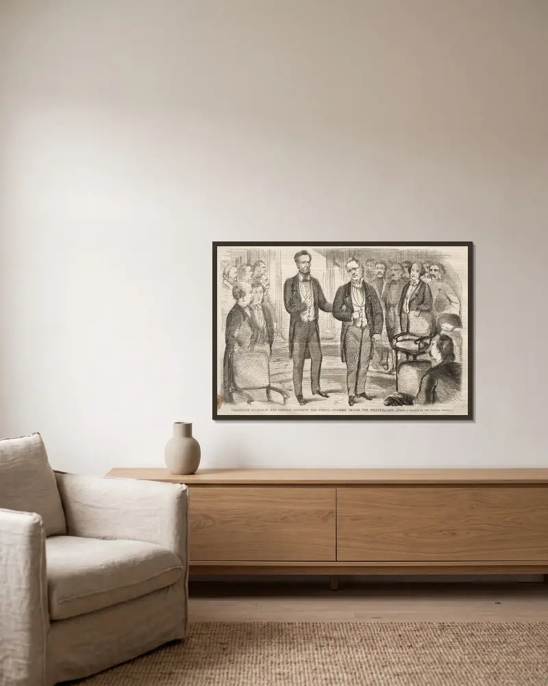 Presidenterna Buchanan och Lincoln på väg in i senatskammaren före invigningen av Winslow Homer inramad på en vägg