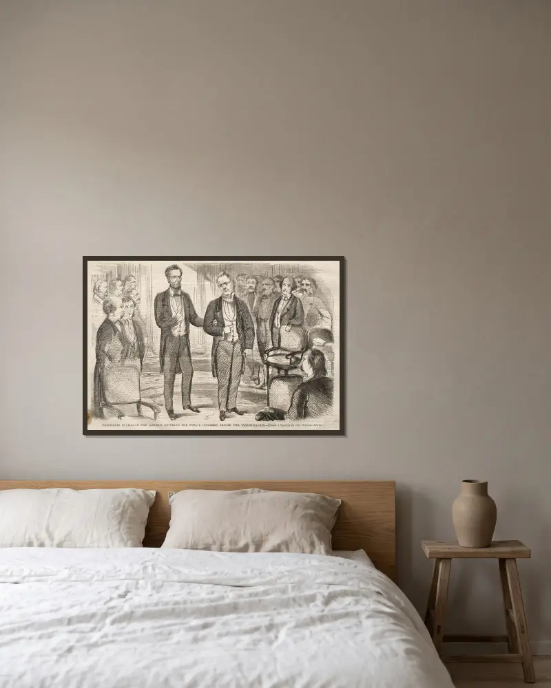 Presidenterna Buchanan och Lincoln på väg in i senatskammaren före invigningen av Winslow Homer inramad på en vägg