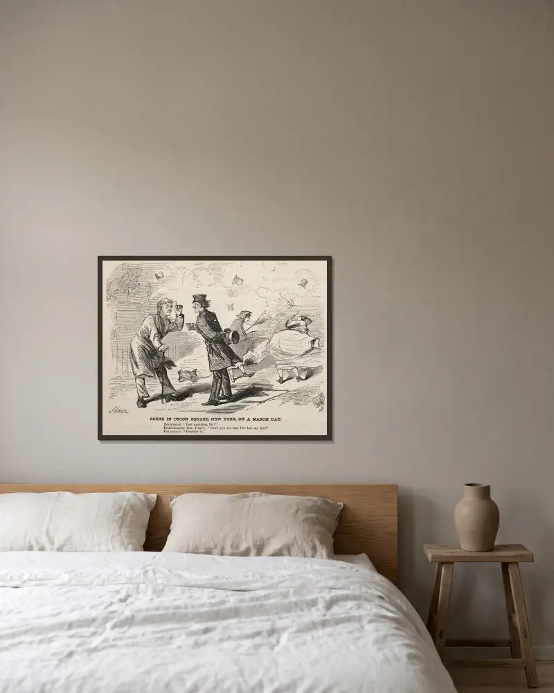 Scen på Union Square, New York, en marsdag av Winslow Homer inramad på en vägg