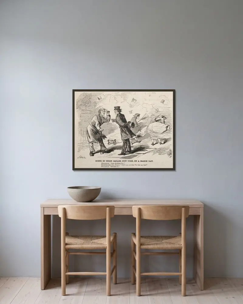 Scen på Union Square, New York, en marsdag av Winslow Homer inramad på en vägg