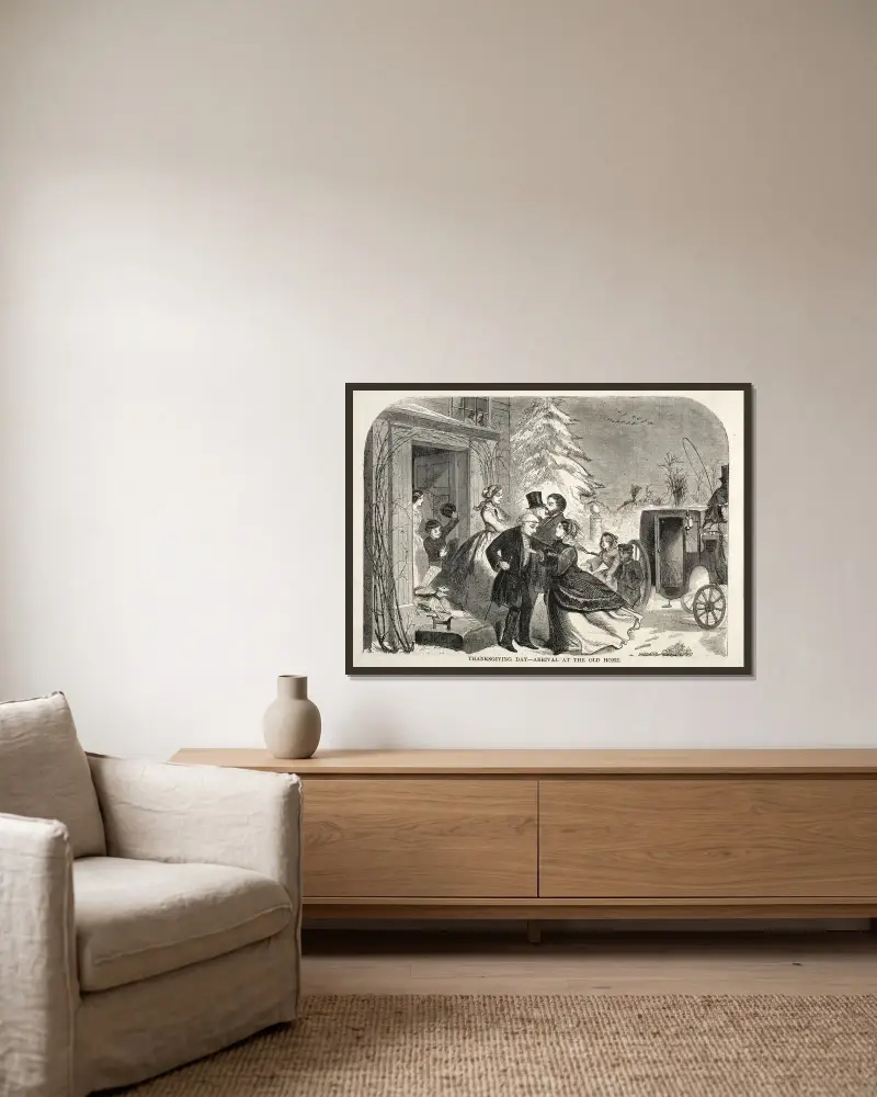 Tacksägelsedagen – Ankomst till det gamla hemmet av Winslow Homer inramad på en vägg