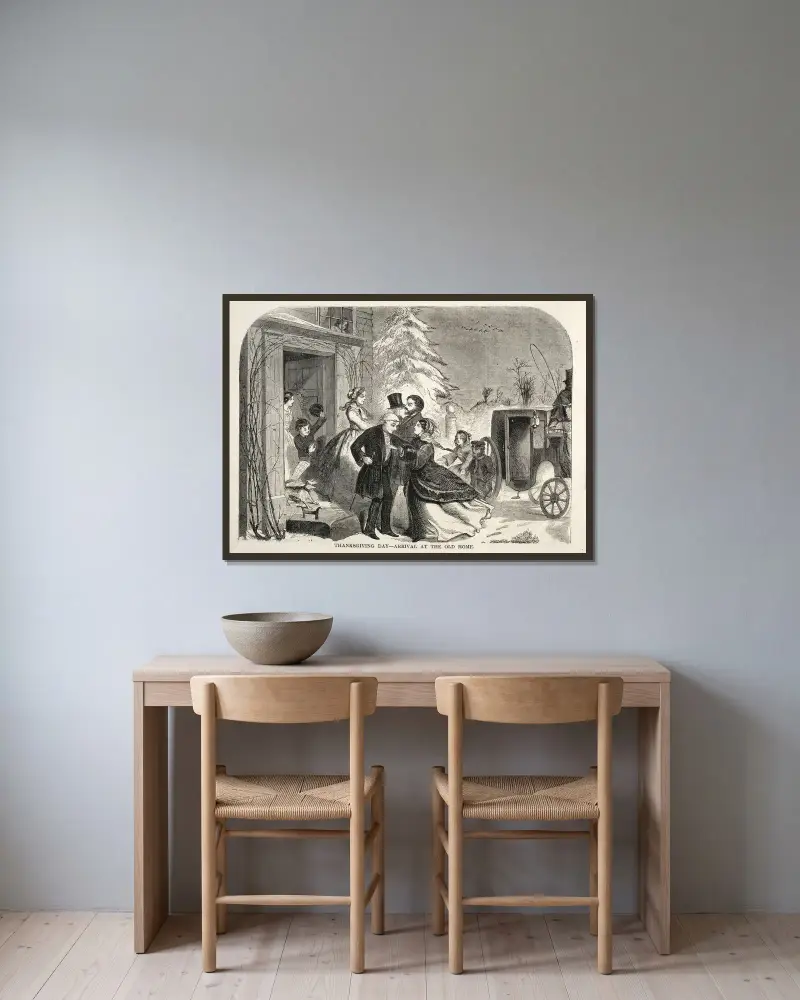 Tacksägelsedagen – Ankomst till det gamla hemmet av Winslow Homer inramad på en vägg