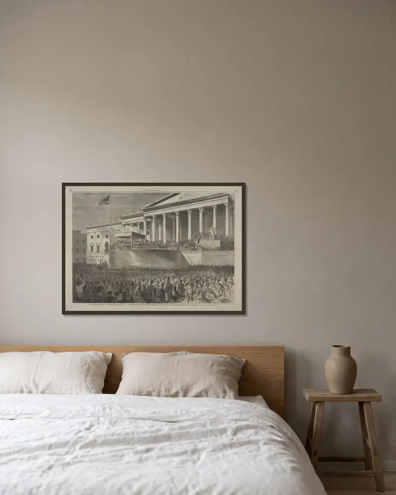 Installationen av Abraham Lincoln som USA:s president, vid Capitolium, Washington, 4 mars 1861 av Winslow Homer inramad på en vägg