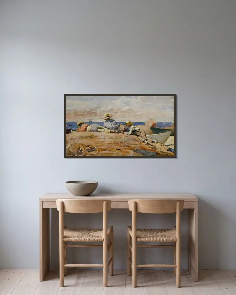 Tre pojkar på stranden av Winslow Homer inramad på en vägg