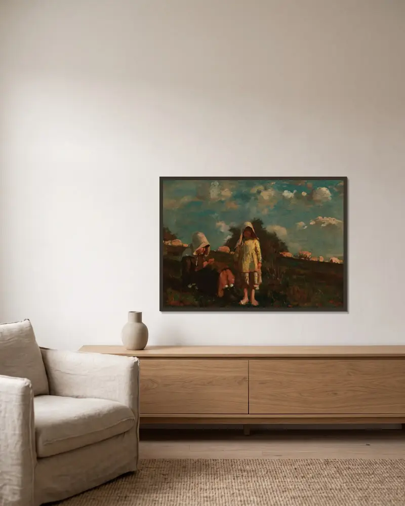 Två flickor med solhattar på ett fält av Winslow Homer inramad på en vägg