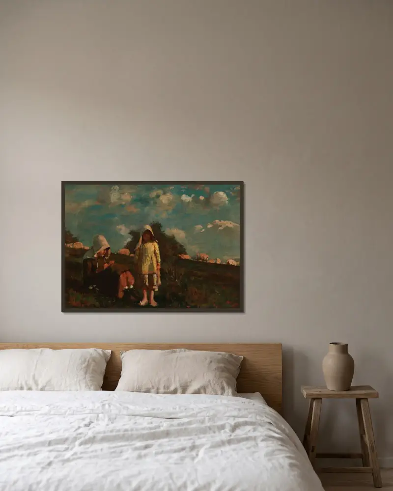 Två flickor med solhattar på ett fält av Winslow Homer inramad på en vägg