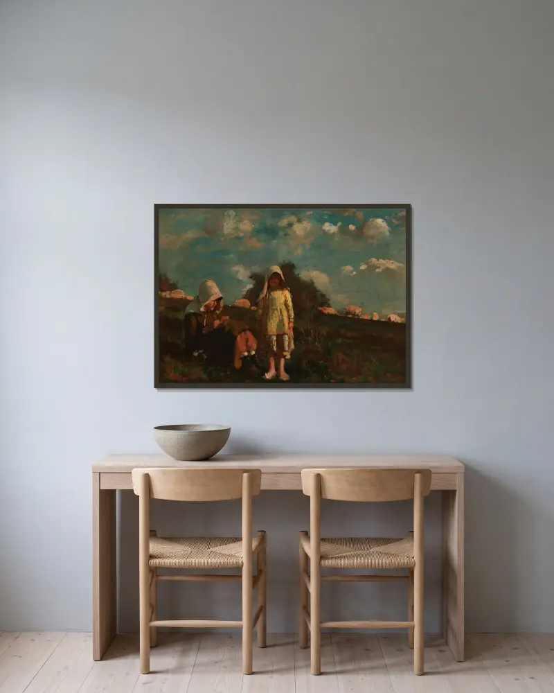 Två flickor med solhattar på ett fält av Winslow Homer inramad på en vägg