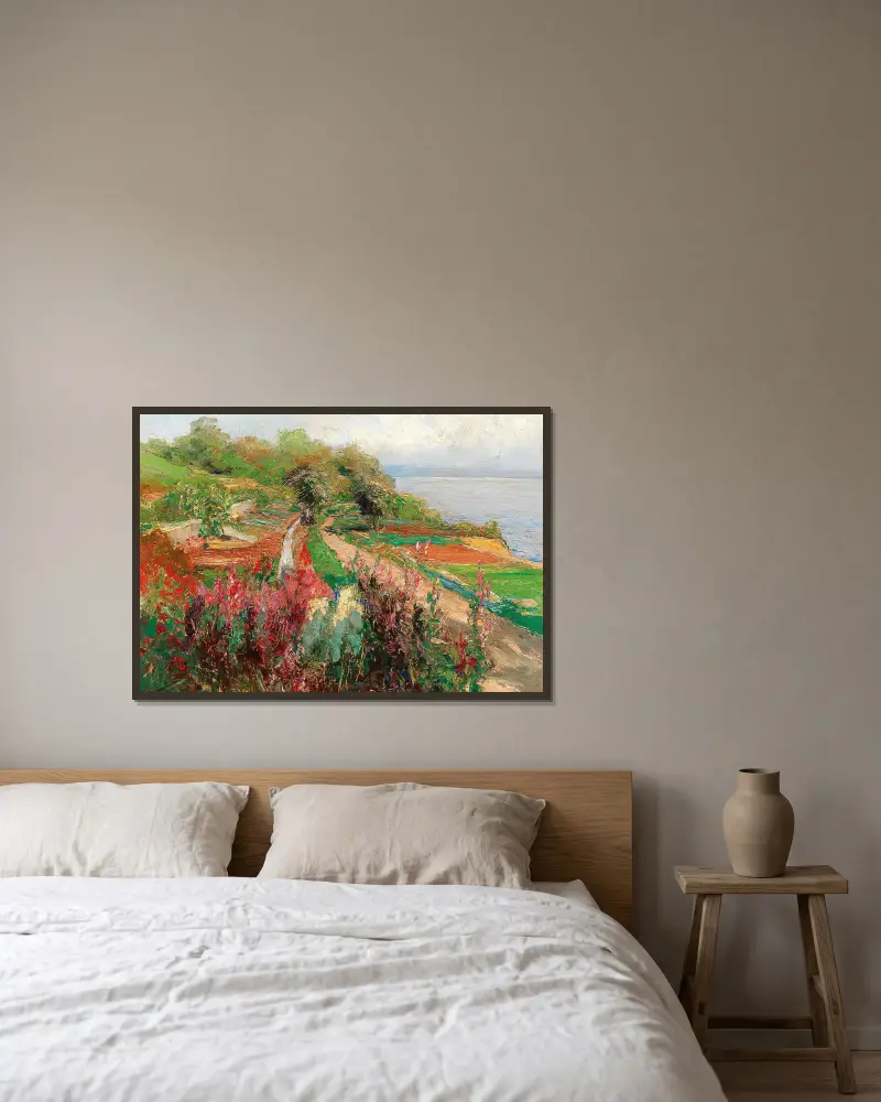 A coastal landscape av Olga Wisinger-Florian inramad på en vägg