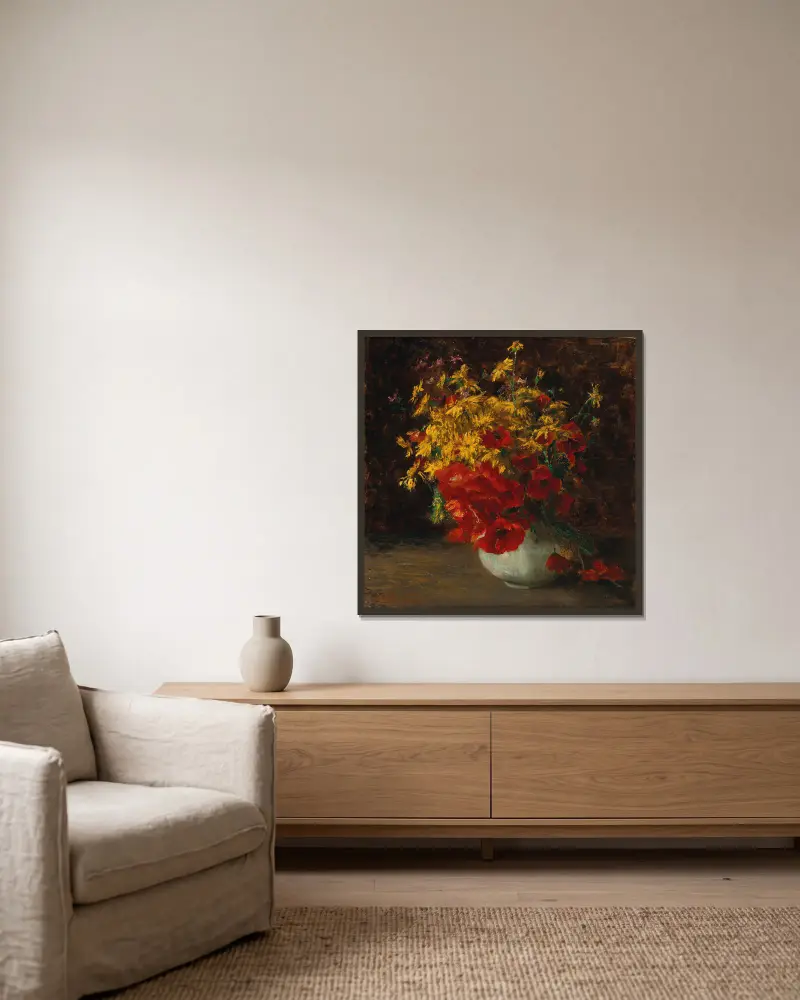 Strauß mit Waldblumen, Mohn und gelben Gänseblümchen in einer Vase von Olga Wisinger-Florian gerahmt an einer Wand