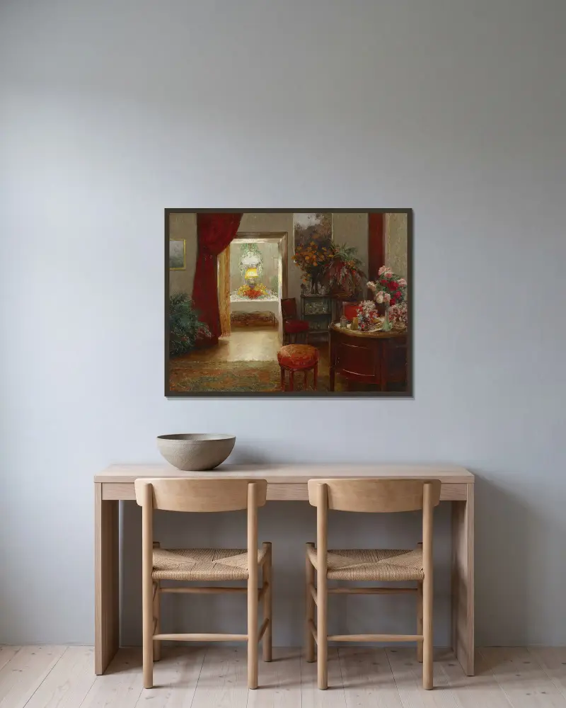 Interieur mit festlich gedecktem Tisch av Olga Wisinger-Florian inramad på en vägg