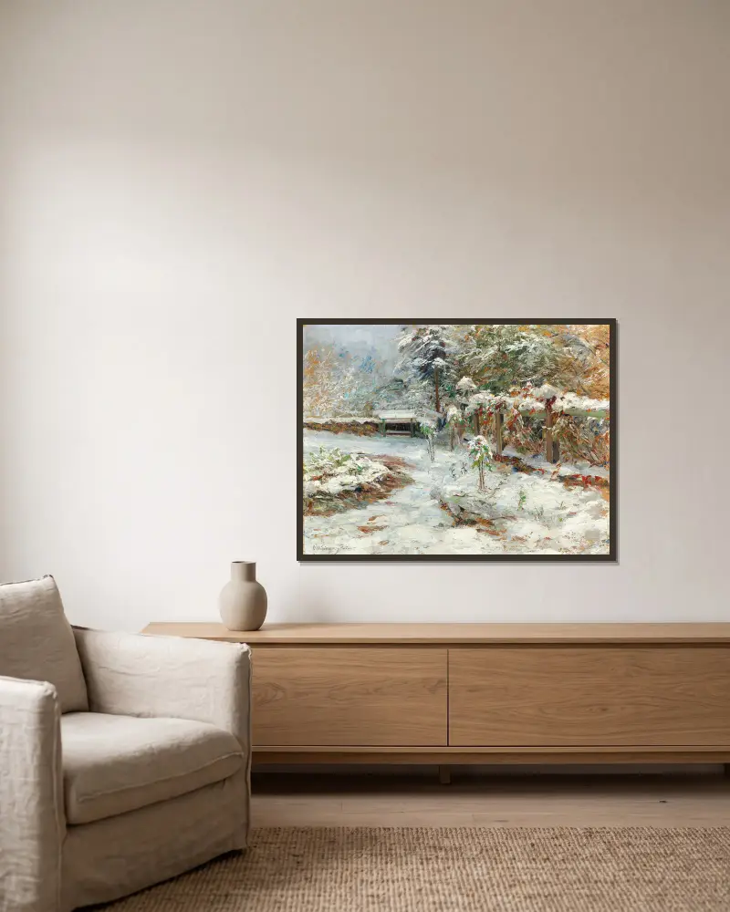 Oktoberschnee, Motiv aus dem Garten von Schloss Hartenstein von Olga Wisinger-Florian gerahmt an einer Wand