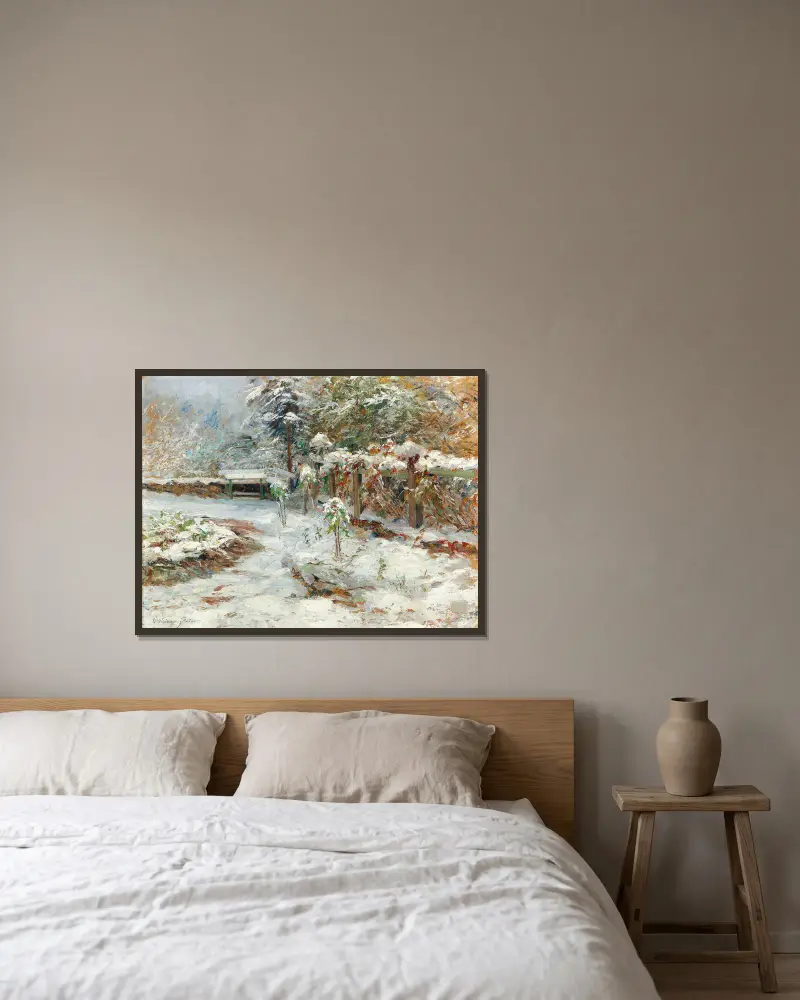 Oktoberschnee, Motiv aus dem Garten von Schloss Hartenstein von Olga Wisinger-Florian gerahmt an einer Wand