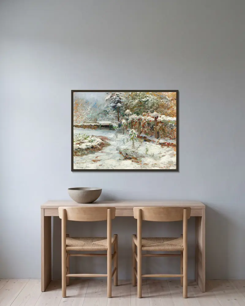 Oktoberschnee, Motiv aus dem Garten von Schloss Hartenstein von Olga Wisinger-Florian gerahmt an einer Wand