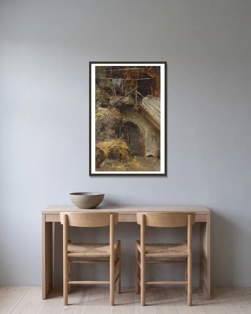 Studie zu einem Stallinterieur av Olga Wisinger-Florian inramad på en vägg