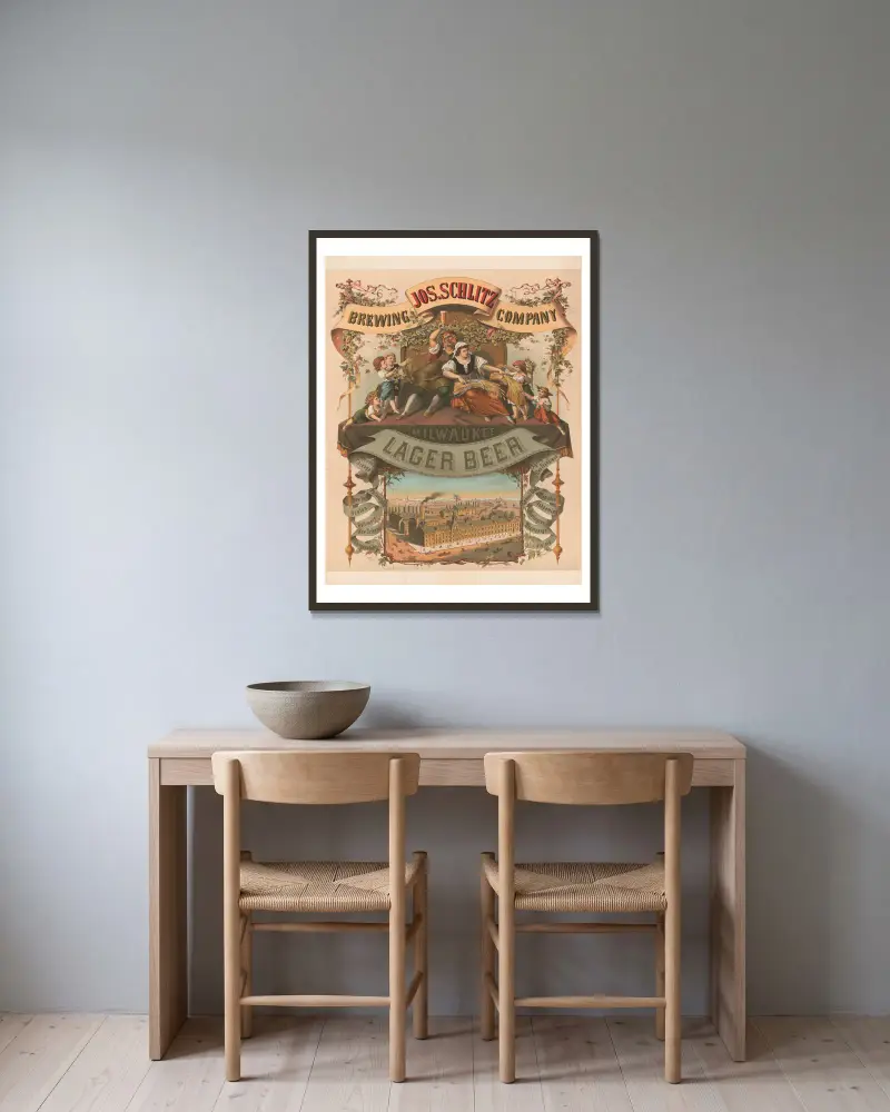 Jos. Schlitz brewing company, Milwaukee lager beer av Wittemann Bros. inramad på en vägg