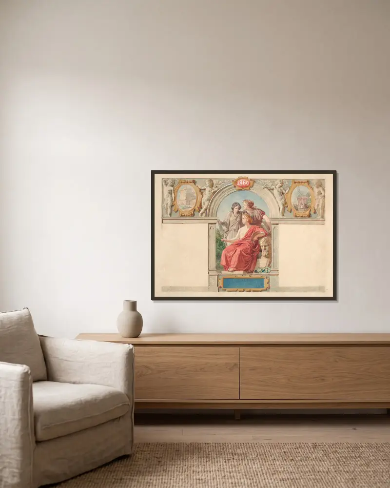 Design för en annons för Maksymilian Fajans litografiska och fotografiska butiker av Wojciech Gerson inramad på en vägg