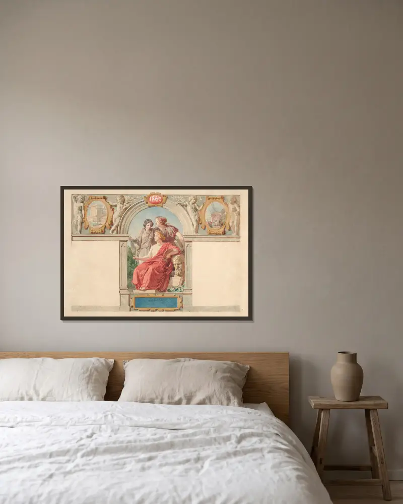 Design för en annons för Maksymilian Fajans litografiska och fotografiska butiker av Wojciech Gerson inramad på en vägg