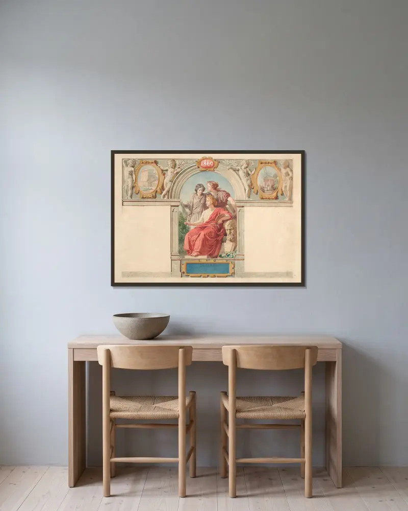 Design för en annons för Maksymilian Fajans litografiska och fotografiska butiker av Wojciech Gerson inramad på en vägg