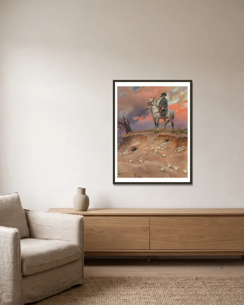 Napoleon auf dem Schlachtfeld av Wojciech Kossak inramad på en vägg