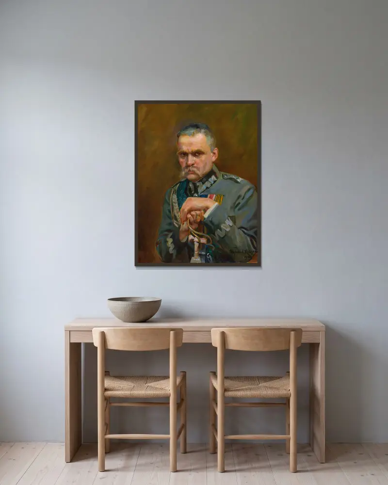 Porträtt av marskalk Józef Piłsudski av Wojciech Kossak inramad på en vägg