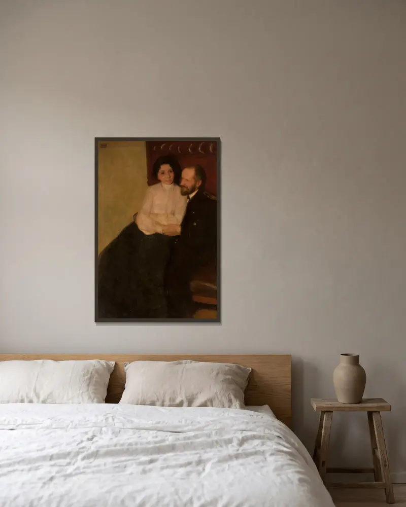 Porträt der Schwester des Künstlers und ihres Mannes von Wojciech Weiss gerahmt an einer Wand