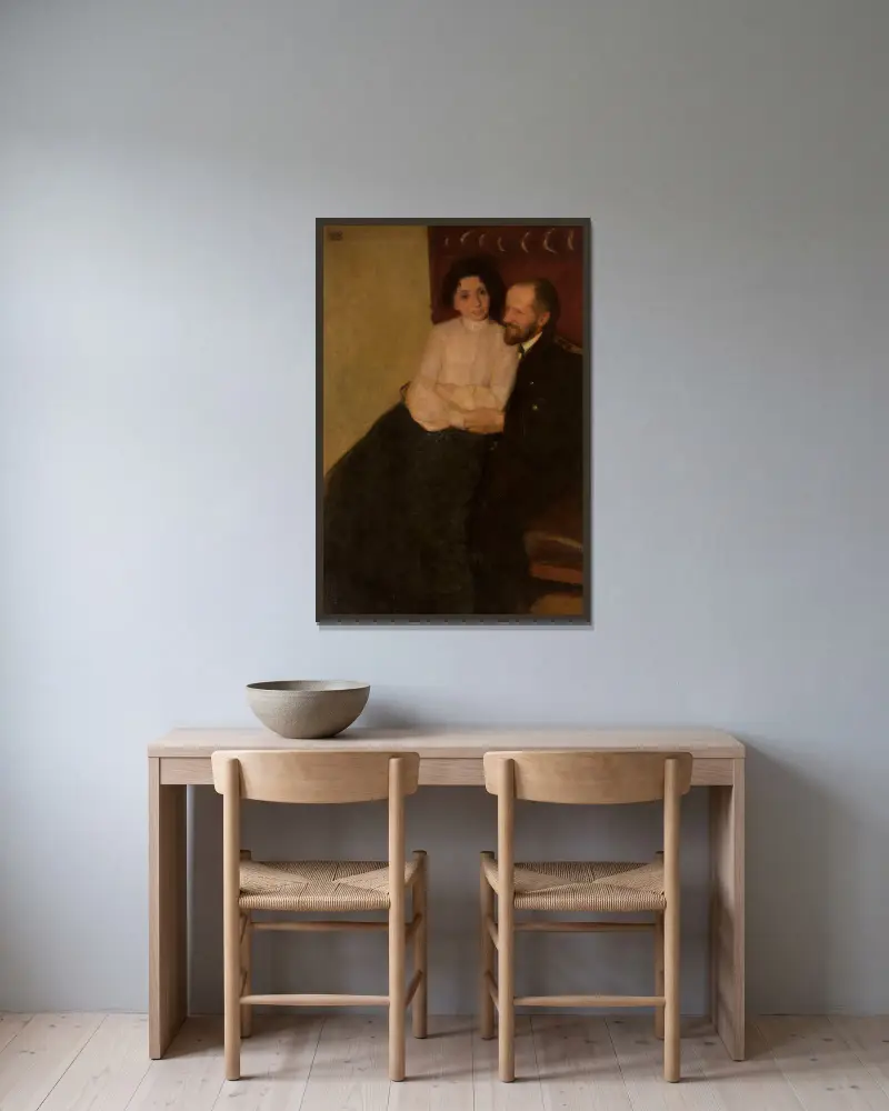 Porträt der Schwester des Künstlers und ihres Mannes von Wojciech Weiss gerahmt an einer Wand