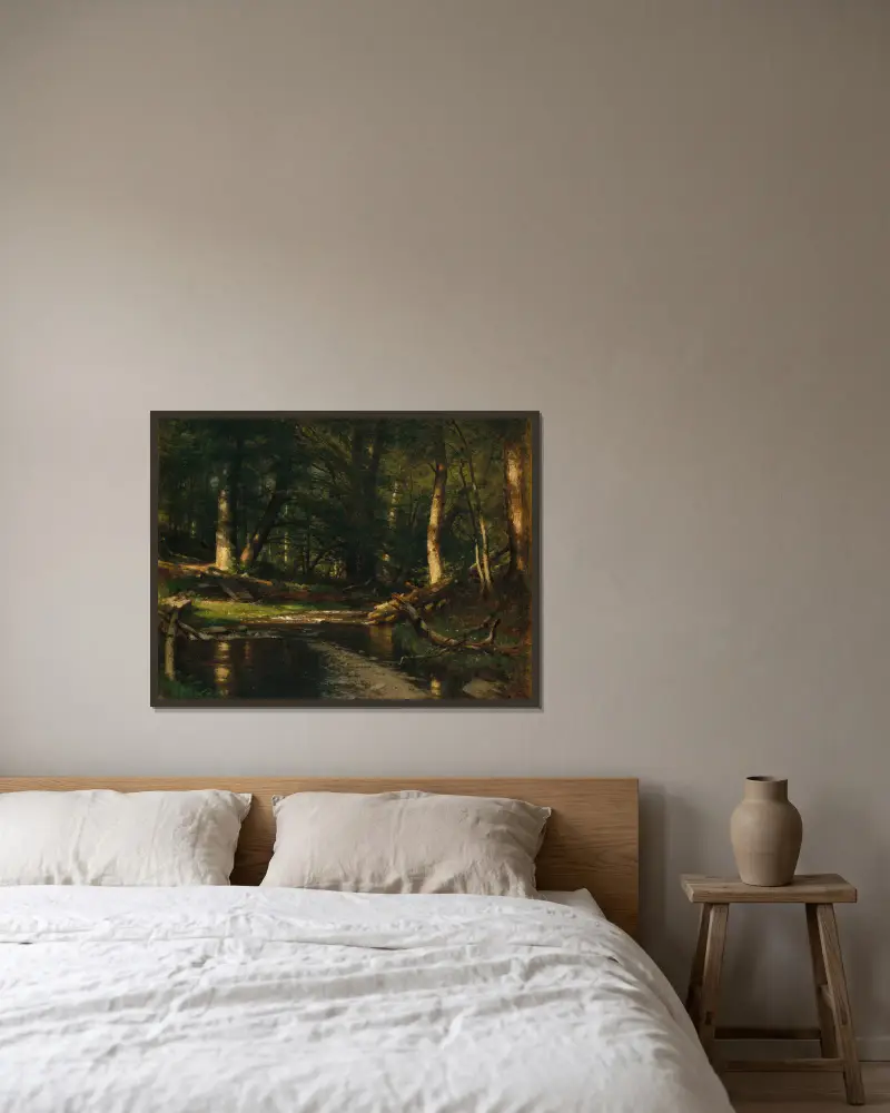 Bäcken i skogen av Worthington Whittredge inramad på en vägg