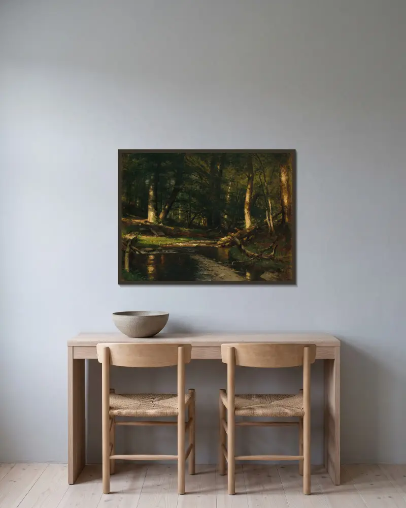 Bäcken i skogen av Worthington Whittredge inramad på en vägg