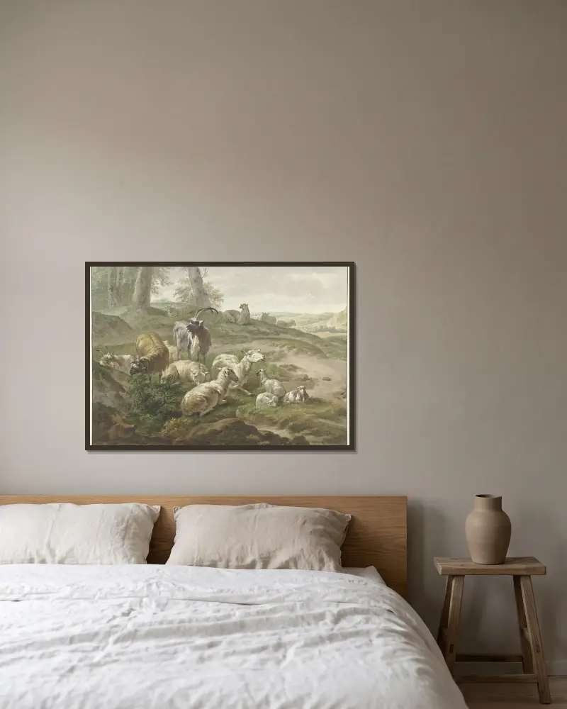 Boskap och får i ett kuperat landskap, efter Nicolaes Pietersz. Berchem av Wybrand Hendriks inramad på en vägg