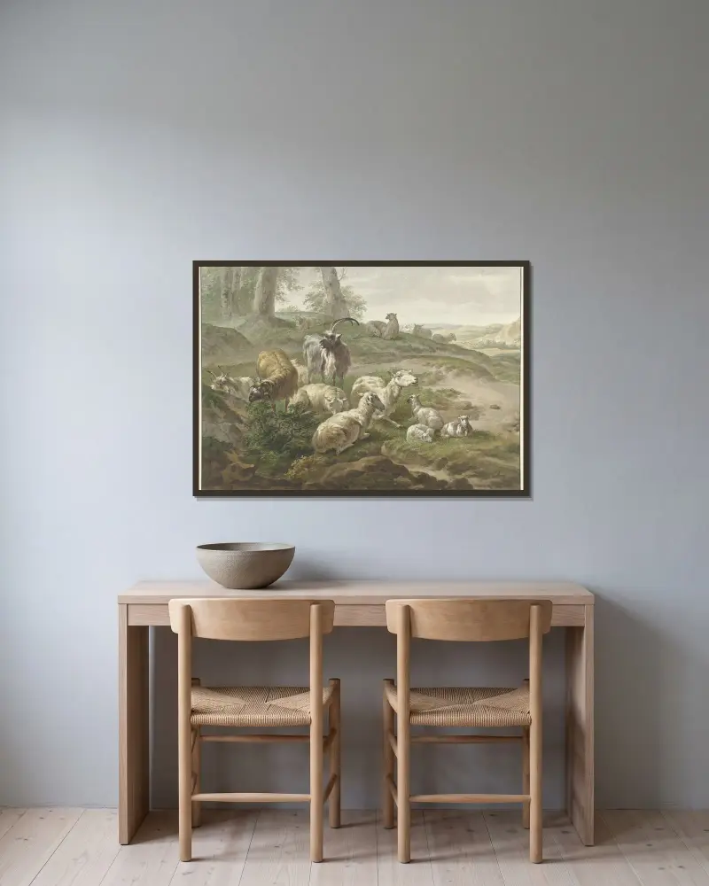 Boskap och får i ett kuperat landskap, efter Nicolaes Pietersz. Berchem av Wybrand Hendriks inramad på en vägg