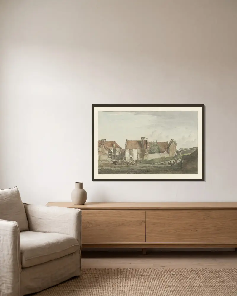 Vy över Raamgracht vid Lange Geusestraat efter rivningen av några hus 1809 av Wybrand Hendriks inramad på en vägg