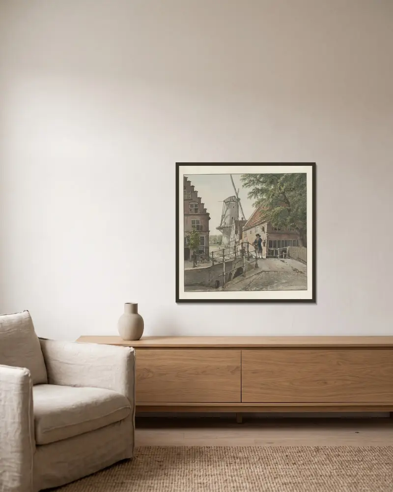Blick von der Raamgracht auf die Mühle De Hoop in Haarlem von Wybrand Hendriks gerahmt an einer Wand