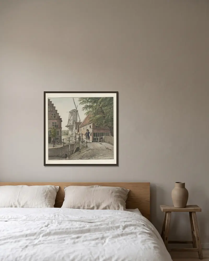 Blick von der Raamgracht auf die Mühle De Hoop in Haarlem von Wybrand Hendriks gerahmt an einer Wand