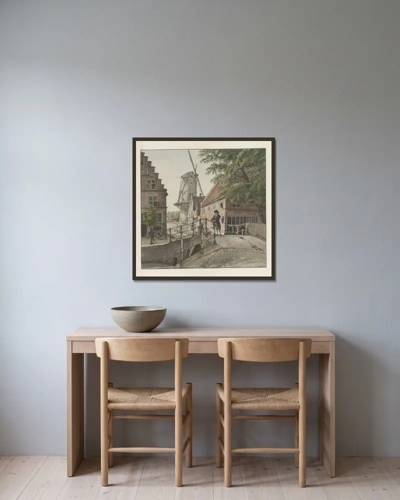 Blick von der Raamgracht auf die Mühle De Hoop in Haarlem von Wybrand Hendriks gerahmt an einer Wand
