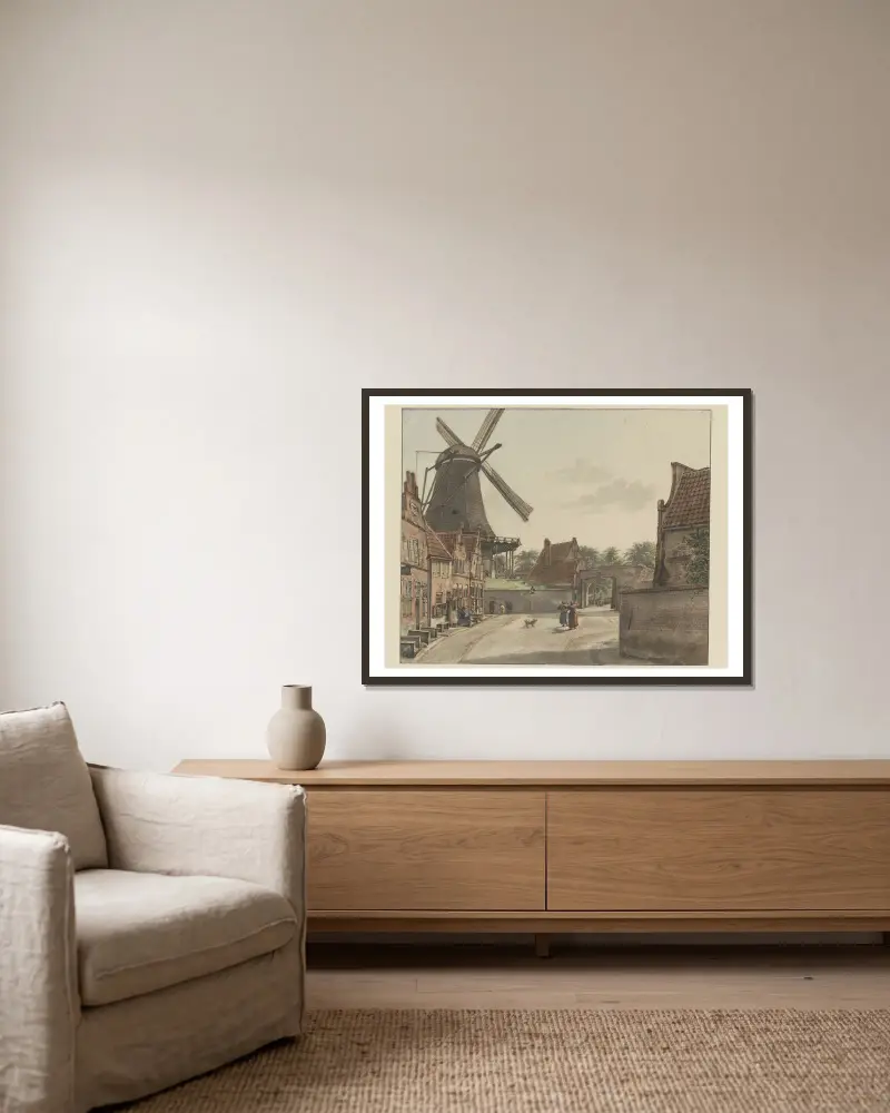 Blick von der Bereiderstraat, heute Sophiastraat, auf die Ostseite des Raampoort und die Doelmolen von Wybrand Hendriks gerahmt an einer Wand