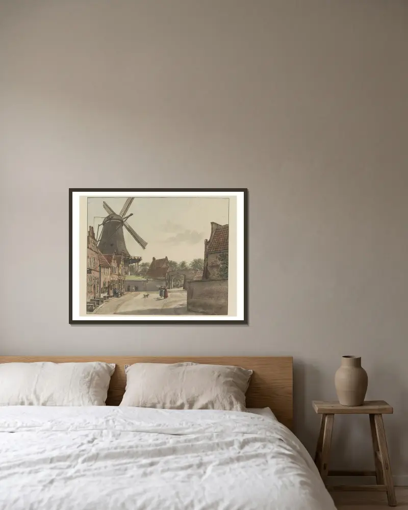 Blick von der Bereiderstraat, heute Sophiastraat, auf die Ostseite des Raampoort und die Doelmolen von Wybrand Hendriks gerahmt an einer Wand