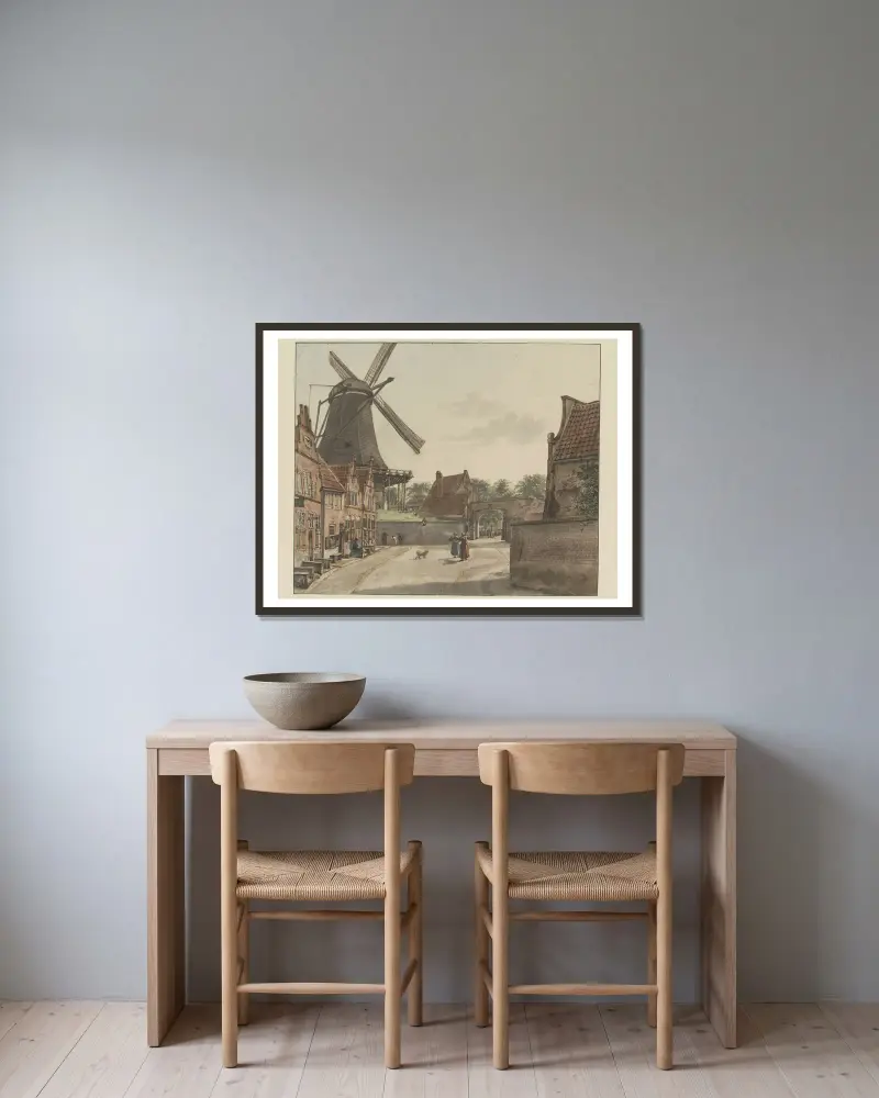 Blick von der Bereiderstraat, heute Sophiastraat, auf die Ostseite des Raampoort und die Doelmolen von Wybrand Hendriks gerahmt an einer Wand