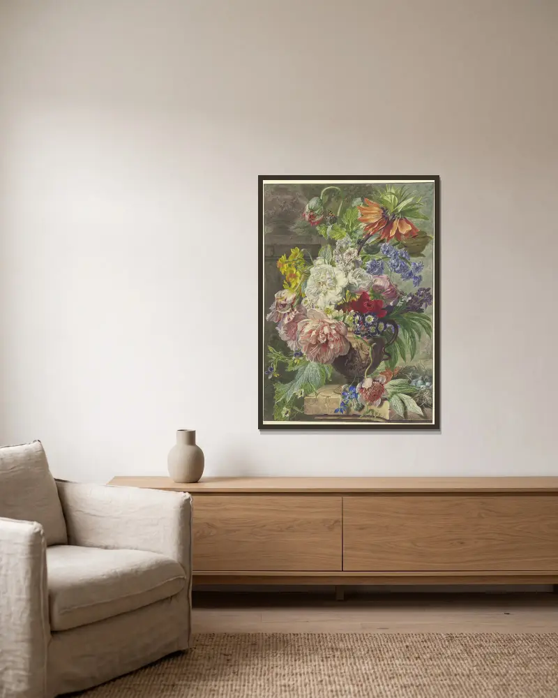 Stilleben med blombukett och fågelbo av Wybrand Hendriks inramad på en vägg