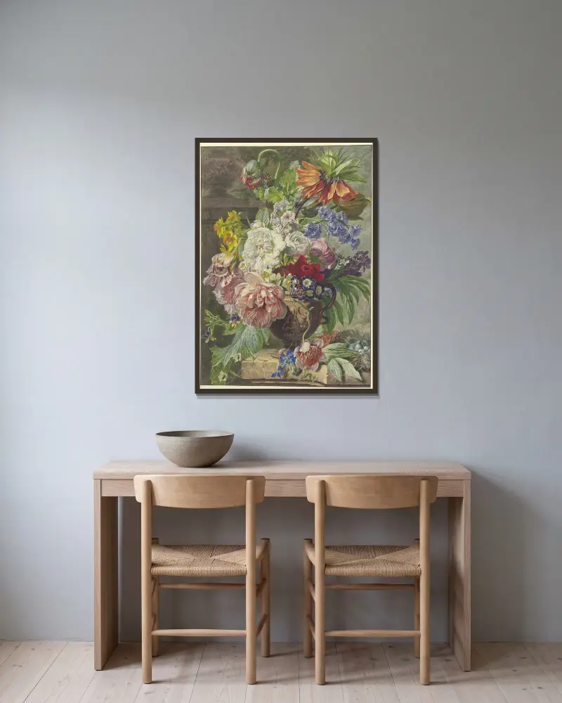 Stilleben med blombukett och fågelbo av Wybrand Hendriks inramad på en vägg