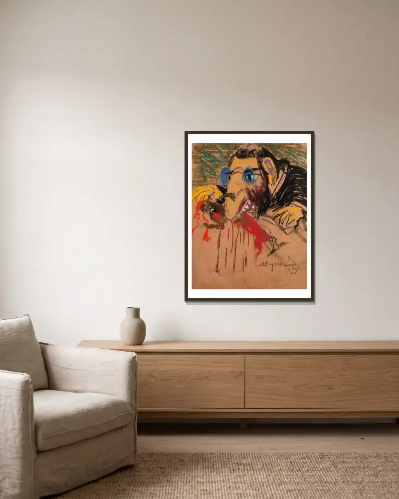 Karikatur von Feliks Jasieński von Leon Wyczółkowski gerahmt an einer Wand